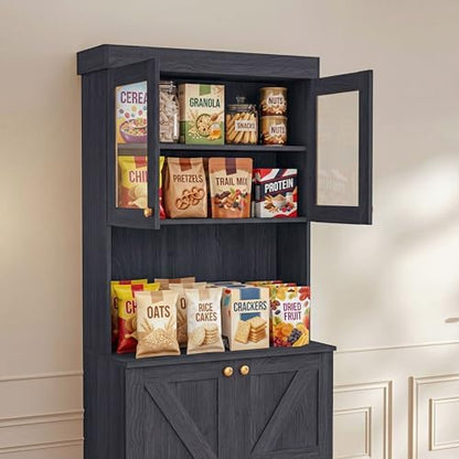 Vyre 71" Farmhouse Kitchen Pantry Cabinet, Black Freestanding Coffee Bar Hutch with Glass Doors, Drawers & Adjustable Shelves, Microwave Stand Storage Organizer for Living Room & Kitchen, Set of 4