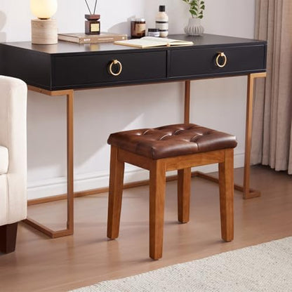 Ottoman Vanity Wooden Stool with Padded Seat, Faux Leather Brown