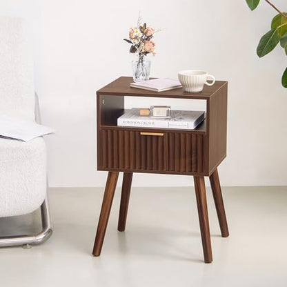 Walnut Nightstand, Fluted Night Stand with Drawer and Open Shelf