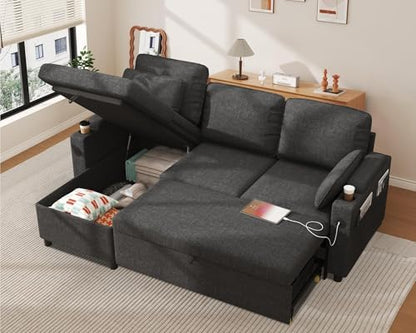 DURASPACE 81" Sectional Sofa with Pull Out Bed, L Shaped Sleeper Sofa Couch for Living Room,Convertible Pull Out Sofa Bed with Storage Chaise, USB Port, Cup Holder (Dark Gray)