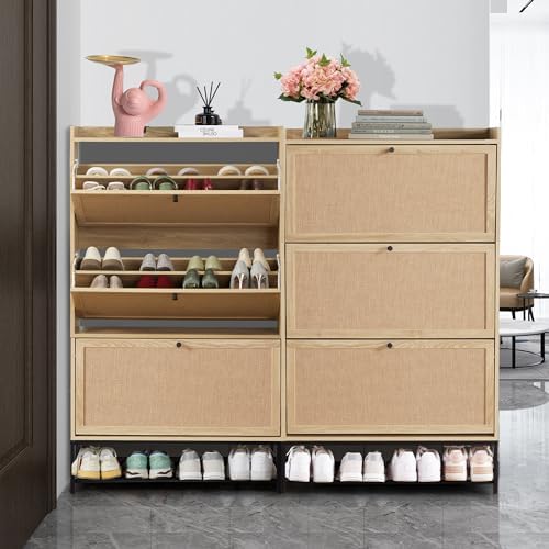 LEVNARY Shoe Cabinet for Entryway, Slim Shoe Cabinet with 3 Flip Drawers Narrow Shoe Storage Cabinet, 4 Tier Freestanding Shoe Organizer for Entryway, Hallway (2, Natural Oak)