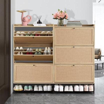 LEVNARY Shoe Cabinet for Entryway, Slim Shoe Cabinet with 3 Flip Drawers Narrow Shoe Storage Cabinet, 4 Tier Freestanding Shoe Organizer for Entryway, Hallway (2, Natural Oak)