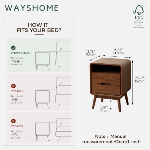 Solid Wood Nightstand, Walnut Night Stand with 2 Drawers and Open Storage, Mid Century Modern Nightstands for Small Space, Bedside Table for Bedroom, Dorm(23.23" H)