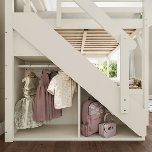 Solid Wood Full Size Loft Bed Frame with Stairs, Built-in Wardrobe and Storage Space, Full Loft Bed with Shelves, Full-Length Guardrails, No Box Spring Needed for Bedroom, Beige