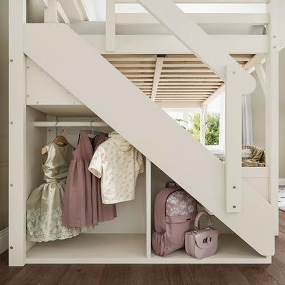 Solid Wood Full Size Loft Bed Frame with Stairs, Built-in Wardrobe and Storage Space, Full Loft Bed with Shelves, Full-Length Guardrails, No Box Spring Needed for Bedroom, Beige