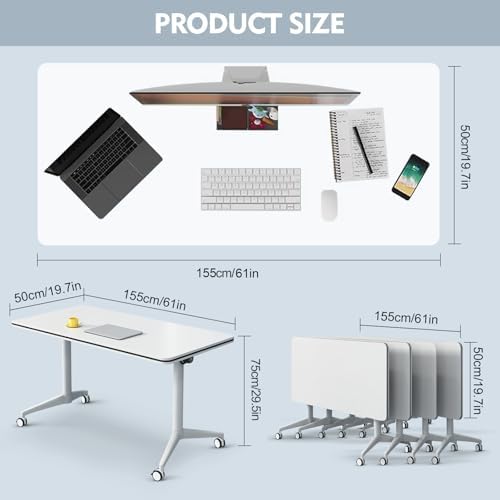 Folding Conference Table, Conference Room Tables with Wheels Foldable Large Rectangle Meeting Seminar Table for 6-12 People, Flip Top Mobile Training Table for Office Classr (6, White 2, 61in)