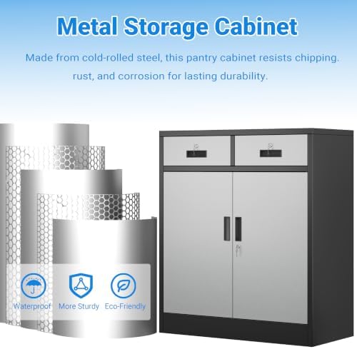 BESFUR Metal Storage Cabinet with Doors and Shelves, 36" H Locking Storage Cabinet with 2 Drawers, Reinforced Heavy Duty Metal Cabinets for Garage, Office, Home(Black and Silver)