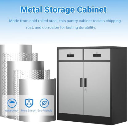 BESFUR Metal Storage Cabinet with Doors and Shelves, 36" H Locking Storage Cabinet with 2 Drawers, Reinforced Heavy Duty Metal Cabinets for Garage, Office, Home(Black and Silver)