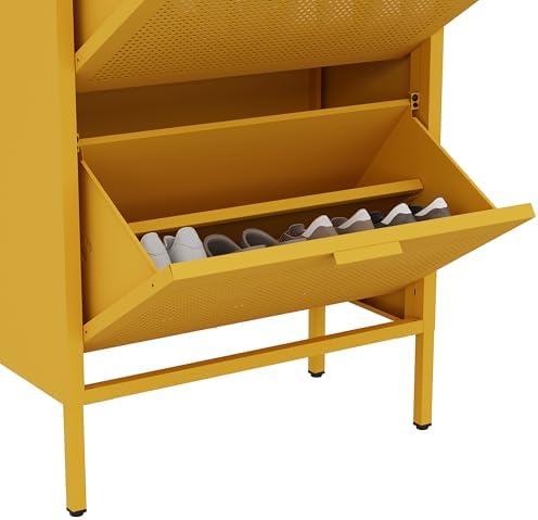 3-Tier Shoe Cabinet with Wood Top and Metal Frame, with Legs, Multi-Functional Metal and Wood Cabinet, Multi-Level Space, Easy Assembly for Home, Entryway, Hallway Yellow