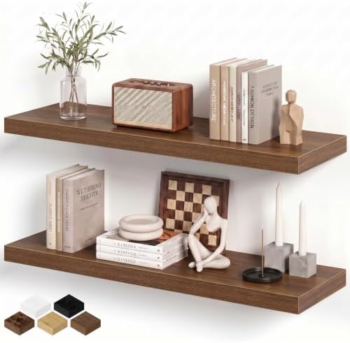 Floating Shelves for Wall, 32W x 8D Floating Wall Shelves with Invisible Brackets Set of 2, Hanging Rustic Wood Shelf Decoration for Bedroom, Bathroom, Living Room and Kitchen, Walnut