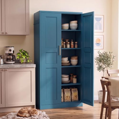 71” Metal Pantry Cabinet,Kitchen Pantry Storage Cabinets with Doors and 4 Adjustable Shelves,Tall Metal Storage Cabinet,Blue Pantry Cabinets Cupboard for Kitchen,Dining Room,Living Room and Bathroom