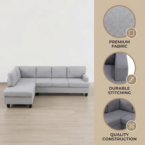 L-Shape Breathable Fabric Sectional Couch, 2-Piece Sofa Set for Living Room, Modern Linen-Style Upholstered Couch Set with Solid Wood Frame and Comfortable Spring Support, Light Grey