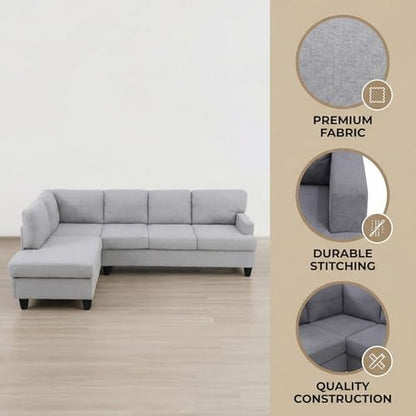 L-Shape Breathable Fabric Sectional Couch, 2-Piece Sofa Set for Living Room, Modern Linen-Style Upholstered Couch Set with Solid Wood Frame and Comfortable Spring Support, Light Grey