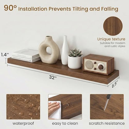 Dreamland 32inch Floating Shelves for Wall, Rustic Walnut Floating Shelves for Bathroom|Bedroom|Kitchen, Deep Wall Mounted Book Shelf, Wood Storage Display Shelf for Home Decor, Set of 2