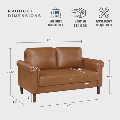 Lexicon Faux Leather Loveseat, 2 Seater Couch, Brown