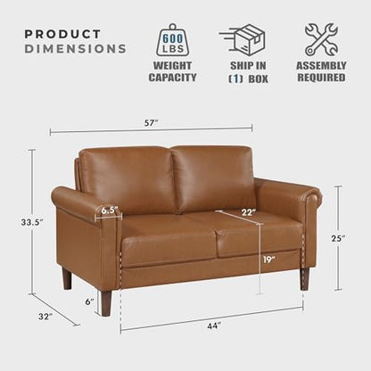 Lexicon Faux Leather Loveseat, 2 Seater Couch, Brown