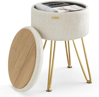 Round Ottoman with Storage, Textured Velvet Storage Ottoman, Foot Stool Ottomans, Makeup Vanity Stool, Small Ottomans Foot Rest, Modern Vanity Stools for Living Room and Bedroom, Cream
