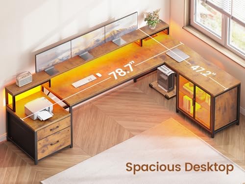 SEDETA 78.7” Large L Shaped Office Desk with Storage Drawers, LED Lights