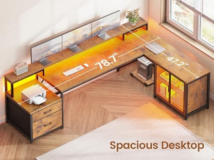 SEDETA 78.7” Large L Shaped Office Desk with Storage Drawers, LED Lights