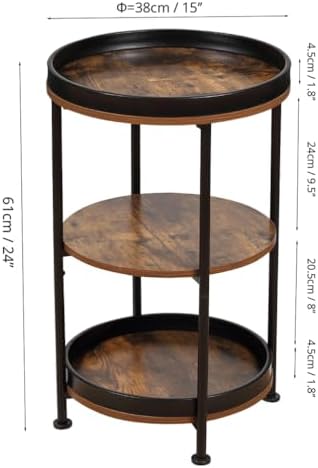 Dulcii Side Table, Round End Table with 3 Storage Shelves for Living Room, Bedroom, Nightstand with Steel Frame for Small Spaces, Industrial Round Sofa Table, Outdoor Accent Coffee Table, Rustic Brown