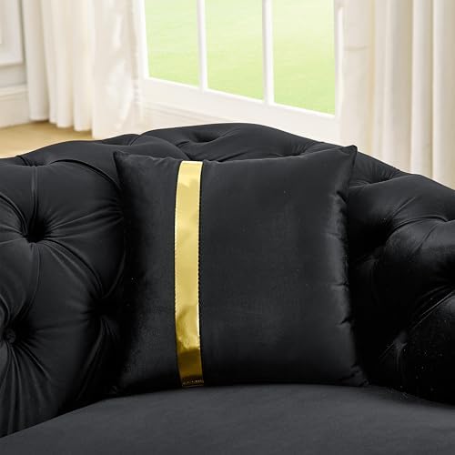 3-Piece Luxury Chesterfield Sofa Set with 1 Oversized Velvet 3-Seater Sofa & 1 Loveseat & 1 Single Sofa, 6-Seater Couch Set with 6 Pillow and Gold Stainless Decoration, for Living Room, Black