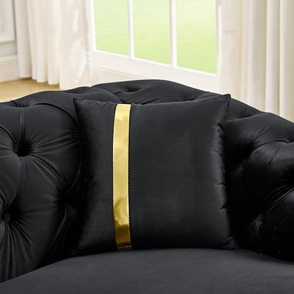 3-Piece Luxury Chesterfield Sofa Set with 1 Oversized Velvet 3-Seater Sofa & 1 Loveseat & 1 Single Sofa, 6-Seater Couch Set with 6 Pillow and Gold Stainless Decoration, for Living Room, Black