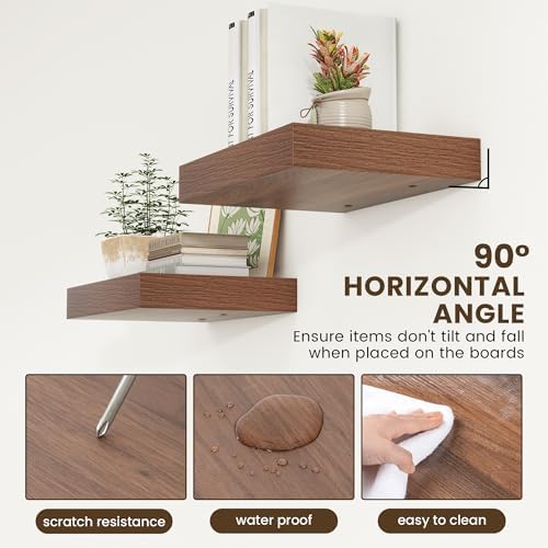 FLYJOE 12 Inch Deep Floating Shelves, 16 Inch Walnut Wall Shelves Set of 2