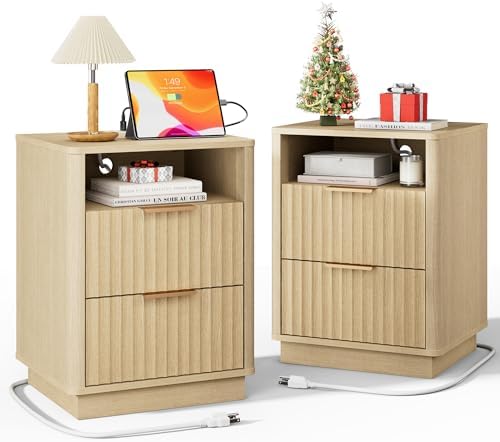 18" Modern Fluted Nightstand Set of 2 with Charging, Natural Oak