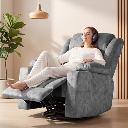 LAFWELL Retro Rocking Recliner Chair, Massage Rocker Recliner Chair with Vibration Massage and Heat, USB and Type-C Ports,360° Swivel Chairs, Living Room, Bedroom, Nursery, RV, Light Grey
