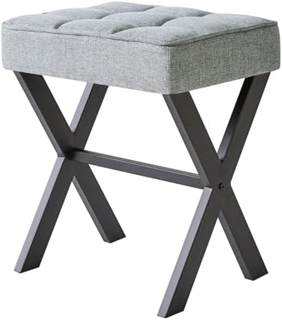 IBUYKE Square Makeup Stool with X-Leg, Linen Vanity Chair, Blue Gray LG-70L