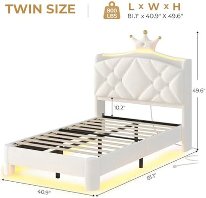 MSmask Twin Bed Frame with LED Lights, Princess Upholstered Bed with Headboard with Charging Station & Crystal Button & Crown, Velvet Platform Bed for Girls, Solid Wood Slats, Curved Legs, Cream White