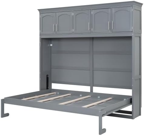 Queen Murphy Bed Cabinet, Wall Bed with Storage, Folding Cabinet Bed with Dual Piston Metal Mechanism, Murphy Cabinet Space Saving Bed for Guest Room, Home Office, Apartment (Gray -z1)