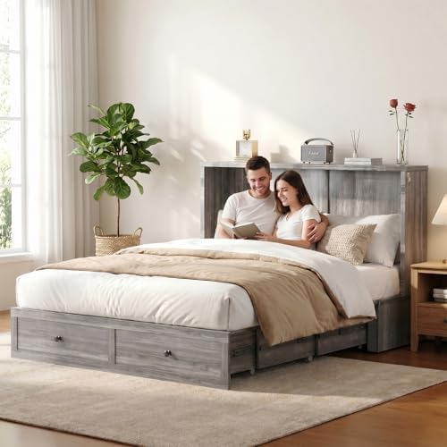 ijuicy Queen Murphy Bed Cabinet with Drawer & Charging Station,Grey