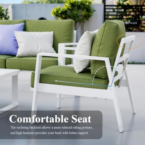 2 Pieces Aluminum Outdoor Armchair, Oversized Patio Couch, Modern Sofa All Weather Metal Furniture Set with 5" Cushions (White/Green)