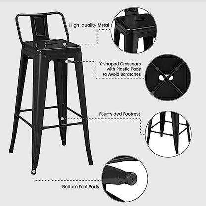 Yaheetech 30 Inch Metal Bar Stools Set of 4 Bar Chairs with Low Back, Black