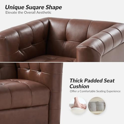 HULALA HOME Genuine Leather Swivel Accent Chairs Set of 2 with Wooden Base, Mid Century Modern Square Accent Chairs for Living Room Bedroom Club, Brown