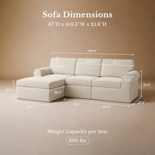 Maywish 108" Sectional Boneless Couch, L Shaped Sofa for Living Room