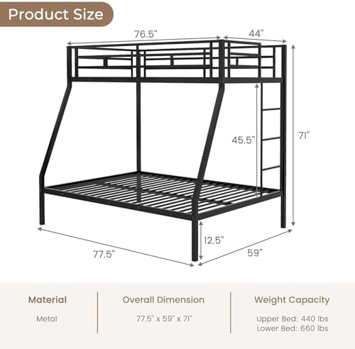 DORTALA Twin Over Full Bunk Bed, Metal Bunk Bed Frame w/Ladder, Safety Rail & Steel Slats, Space-Saving Bunk Beds for Kids Teens Adults, Noise Free for Dorm Bedroom, No Box Spring Needed, Black