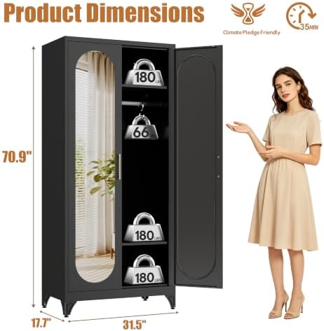 Metal Wardrobe Closet with Mirror Doors and 2 Adjustable Shelves