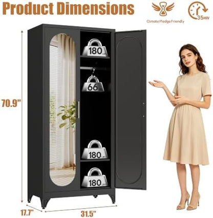 Metal Wardrobe Closet with Mirror Doors and 2 Adjustable Shelves