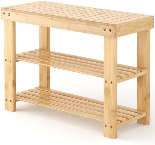 NEWBULIG Shoe Rack Bench, 3-Tier Bamboo Organizer, 11x28x18in, Wood