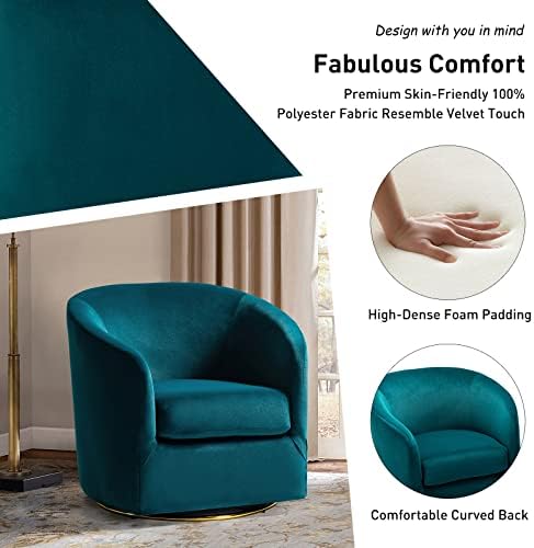 HULALA HOME Swivel Accent Chair with Gold Metal Base, Contemporary Velvet Curved Swivel Barrel Chair, Upholstered Club Armchair, Leisure Single Sofa for Living Room, Nursery, Bedroom(Teal)