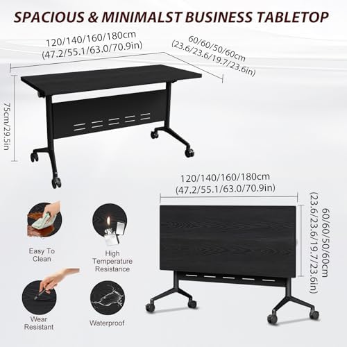 Folding Conference Table Modern Large Mobile Meeting Table Rolling Conference Room Tables with Wheels Seminar Tables for Office Training Classroom (8, Textured Black, 47.2" D X 23.6" W X 29.5" H)
