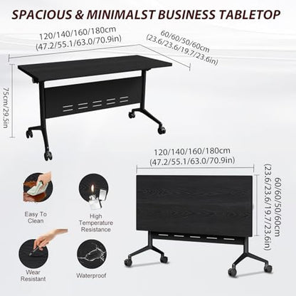 Folding Conference Table Modern Large Mobile Meeting Table Rolling Conference Room Tables with Wheels Seminar Tables for Office Training Classroom (6, Textured Black, 55" D X 23.6" W X 29.5" H)