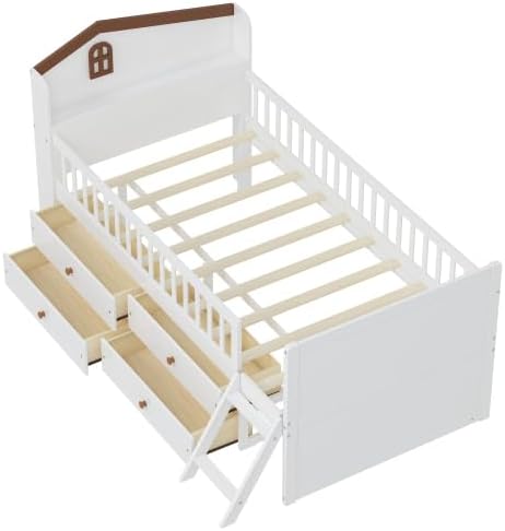 Bellemave Kids Twin Platform Bed with 4 Drawers & Storage Headboard, Wooden Twin Bed Frame with Safety Guardrails & Ladder for Kids Girls Boys, White