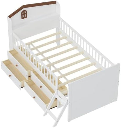 Bellemave Kids Twin Platform Bed with 4 Drawers & Storage Headboard, Wooden Twin Bed Frame with Safety Guardrails & Ladder for Kids Girls Boys, White