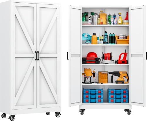 SISESOL 71" Tall Metal Storage Cabinet with Wheels,Rolling Garage Storage Cabinet,White Metal Cabinets with Wheels and Shelves, Deep Heavy Duty Tool Cabinet for Garage,Home,Office,Shop