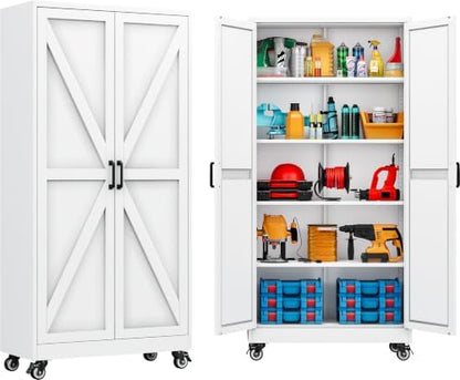 SISESOL 71" Tall Metal Storage Cabinet with Wheels,Rolling Garage Storage Cabinet,White Metal Cabinets with Wheels and Shelves, Deep Heavy Duty Tool Cabinet for Garage,Home,Office,Shop