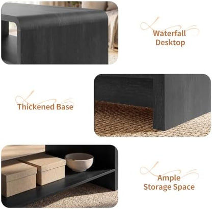 48" Coffee Table with Open Storage Shelf, 2-Tier Minimalist Wooden Coffee Tables with Curved Profile Design, Modern Rectangular Center Table for Living Room, Office, Black Grey
