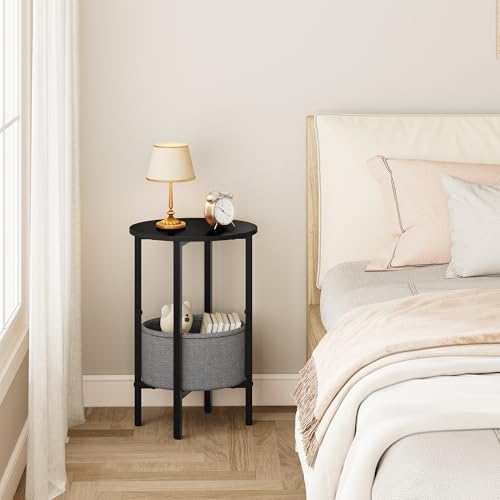 Round Side Table End Table with Storage Basket, Small Side Table Round Nightstand for Small Spaces, Tall Oval End Table with Steel Frame, Coffee Bedside Table for Living Room Bedroom, Black